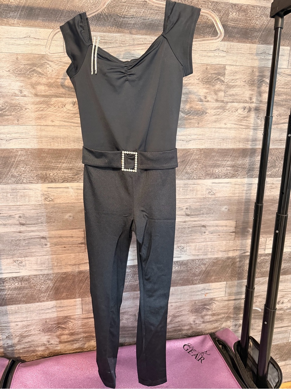 Weissman Black Dance Leotard Jumpsuit with Pearl Buckle